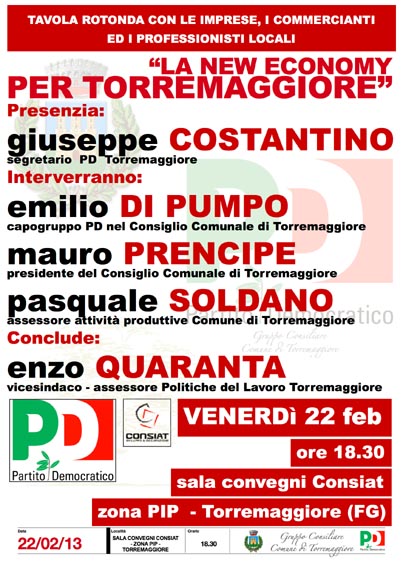 Pd Torremaggiore: il 22 febbraio evento sulla New Economy al Consiat