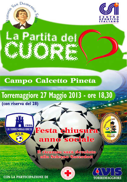 Partita del Cuore il 27 maggio a Torremaggiore al Campo Calcetto del Parco Pineta