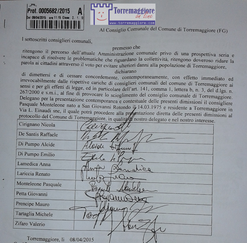 Il Sindaco di Torremaggiore Costanzo Di Iorio è stato sfiduciato da undici consiglieri l’8 aprile 2015:ecco il documento