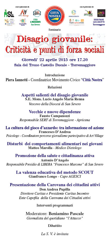 Disagio giovanile: criticità e punti di forza sociali, se ne parla a Torremaggiore il 23 aprile 2015