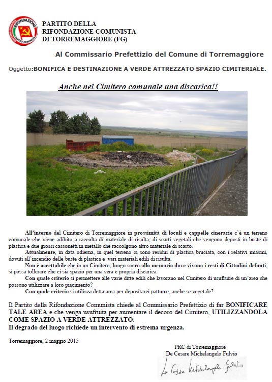 PRC Torremaggiore: anche nel Cimitero Comunale una discarica !!!