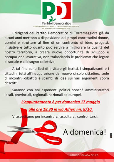 Pd Torremaggiore: inaugurazione nuova sede il 17 maggio 2015  presso Via Alfieri 10