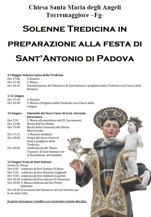 Solenne tredicina in preparazione alla Festa di Sant’Antonio di Padova a Torremaggiore dal 31 maggio al 13 giugno 2015