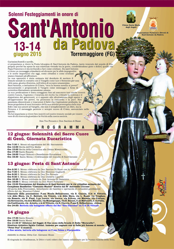 Programma Festa Sant’Antonio da Padova, a Torremaggiore il 13-14 giugno 2015