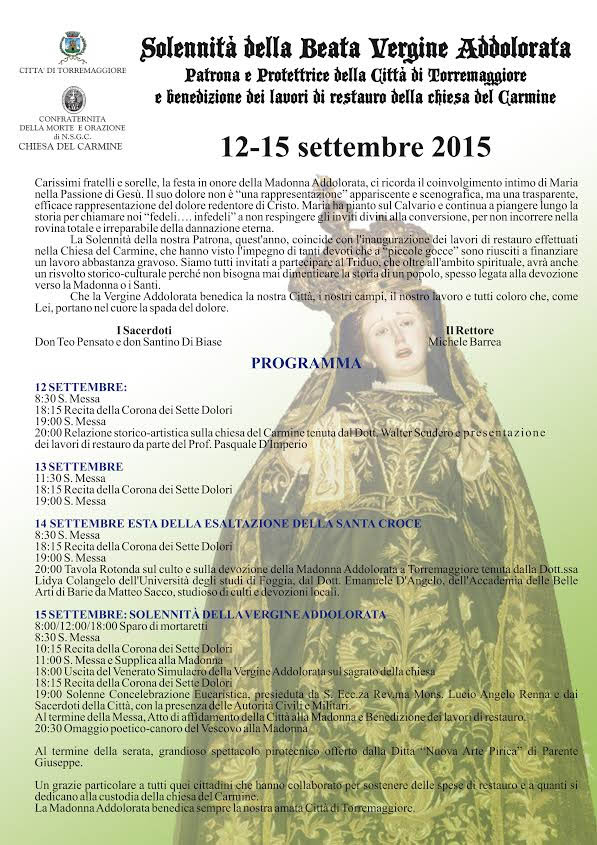 Solennità Beata Vergine Addolorata a Torremaggiore dal 12 al 15 settembre 2015,ecco il programma