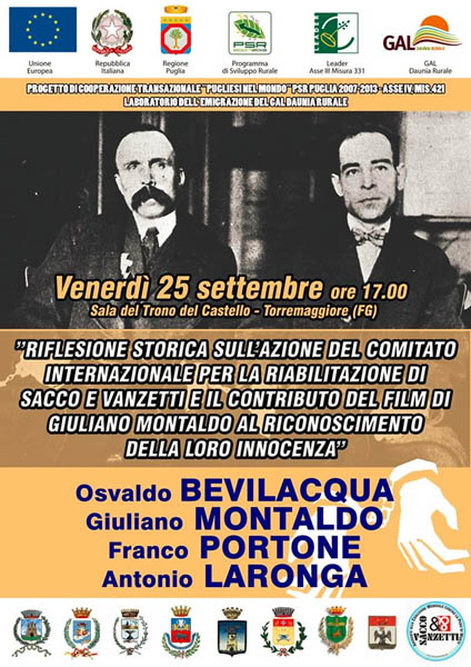 Riflessione storica sull’azione del Comitato internazionale per la riabilitazione di Sacco e Vanzetti. Evento rinviato a novembre 2015