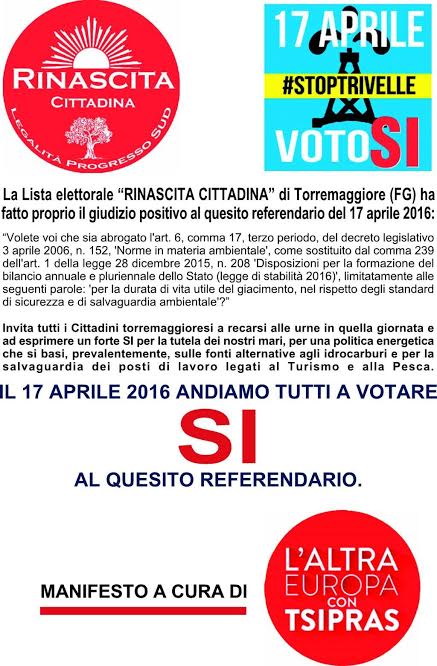 Anche la lista elettorale Rinascita Cittadina a favore del si per il referendum del 17 aprile 2016