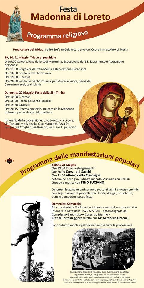 Programma religioso e popolare festa Madonna di Loreto 19,20 e 21 maggio 2016 a Torremaggiore