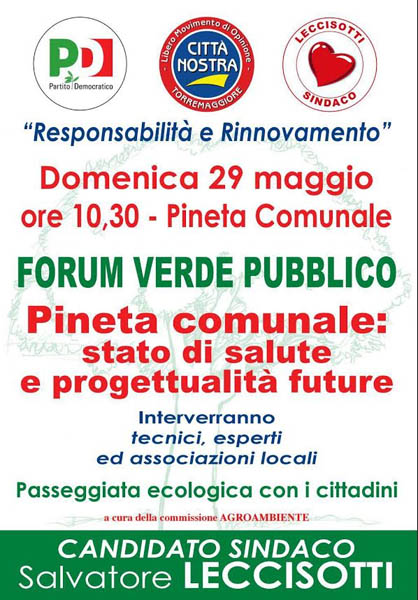 Domenica 29 maggio Forum sul Verde pubblico organizzato dalla coalizione responsabilità e rinnovamento con Leccisotti candidato sindaco