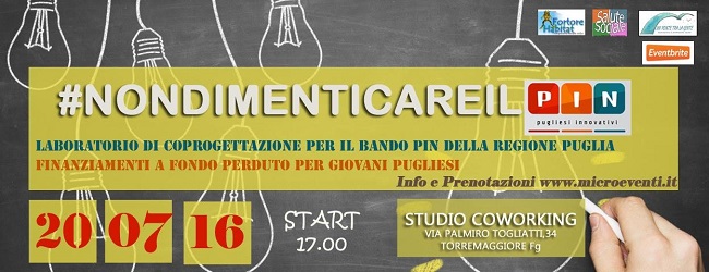 Laboratorio di coprogettazione per il Bando PIN finanziamenti a fondo perduto per giovani pugliesi
