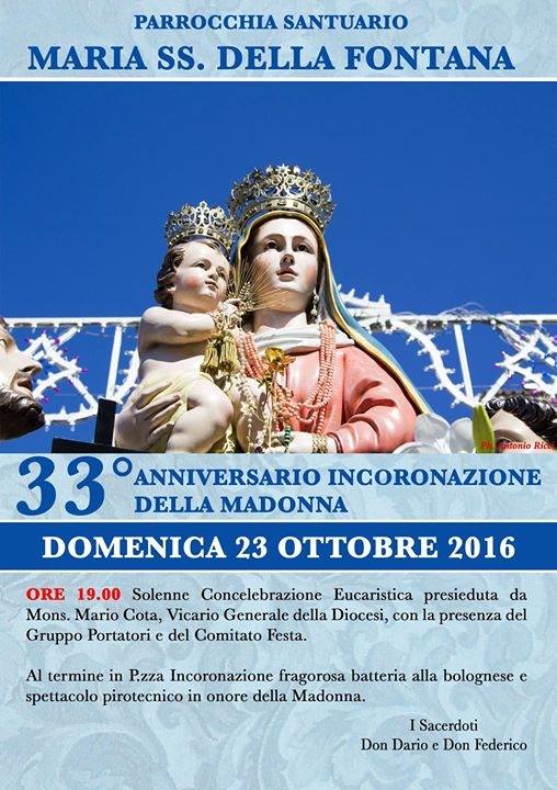 Programma del 33 anniversario Incoronazione Maria SS. della Fontana il 23 ottobre 2016