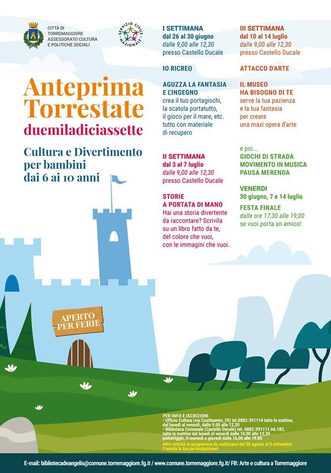 A Torremaggiore programmate numerose iniziative dedicate a bambini e ragazzi per l’estate 2017: ecco il programma