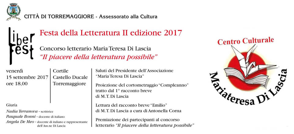 Il 15 settembre 2017 seconda edizione della Festa della Letteratura a Torremaggiore