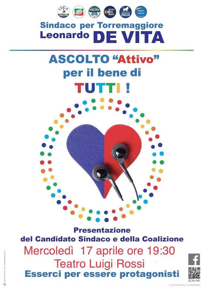 Evento pubblico del candidato sindaco De Vita il 17 aprile 2019 al Teatro Luigi Rossi di Torremaggiore