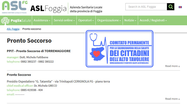 RITORNA SUL SITO DELL’ASL FG ALLA VOCE PRONTO SOCCORSO ANCHE IL PPIT DI  TORREMAGGIORE : NUOVO RISULTATO GRAZIE AL PRESSING DEL COMITATO SALUTE ALTO TAVOLIERE