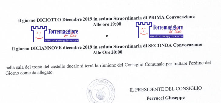 Torremaggiore: convocato il consiglio comunale in seduta straordinaria il 18 dicembre 2019 in prima convocazione con sei punti all’odg