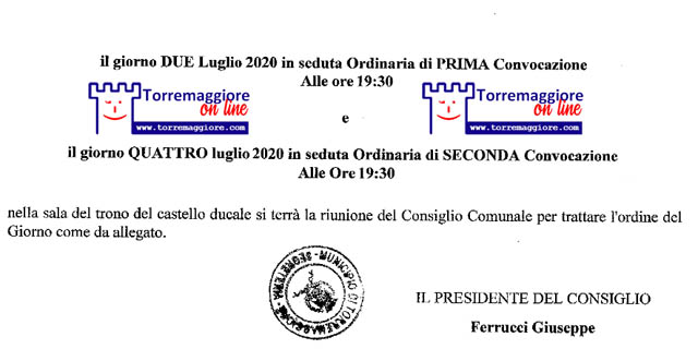 Torremaggiore: convocato il consiglio comunale in seduta ordinaria il 2 luglio 2020  in prima convocazione con sette punti all’odg