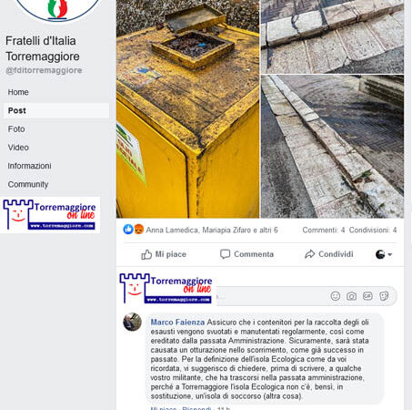 Contenitori oli esausti malfunzionanti all’isola ecologica: confronto social tra il Vice Sindaco Faienza e l’ex sindaco Monteleone sulla bacheca facebook di Fratelli d’Italia Torremaggiore