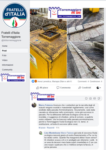 Contenitori oli esausti malfunzionanti all’isola ecologica: confronto social tra il Vice Sindaco Faienza e l’ex sindaco Monteleone sulla bacheca facebook di Fratelli d’Italia Torremaggiore