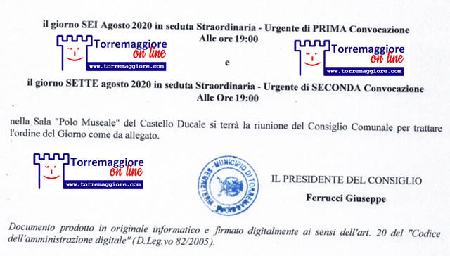 TORREMAGGIORE: CONVOCATO IL CONSIGLIO COMUNALE IN SEDUTA STRAORDINARIA URGENTE IL 6 AGOSTO 2020 IN PRIMA CONVOCAZIONE CON QUATTRO PUNTI ALL’ODG