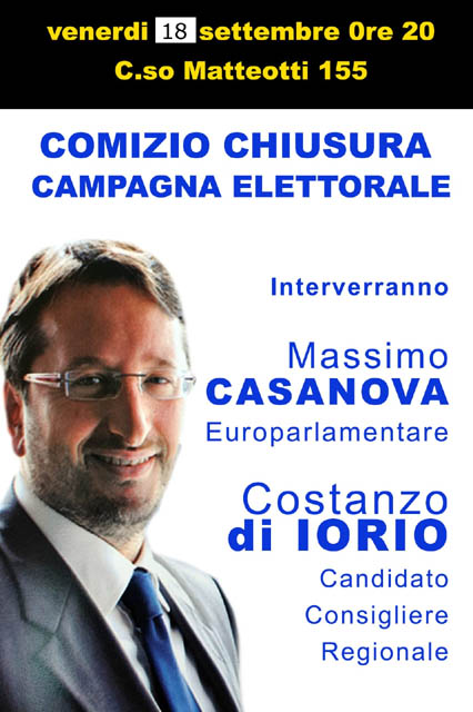 Il 18 settembre alle 20 comizio di chiusura della campagna elettorale per Costanzo Di Iorio con l’on Massimo Casanova per Fitto Presidente