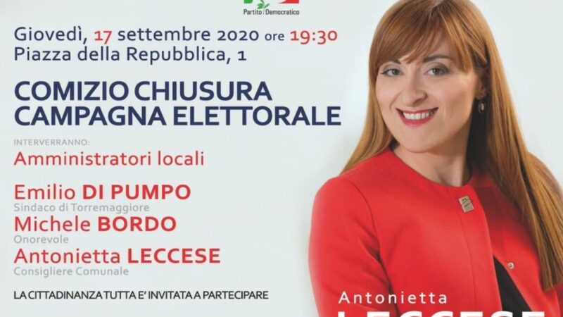 Il 17 settembre alle 19.30 comizio di chiusura dem della campagna elettorale per Antonietta Leccese con Emilio Di Pumpo e con l’on Michele Bordo