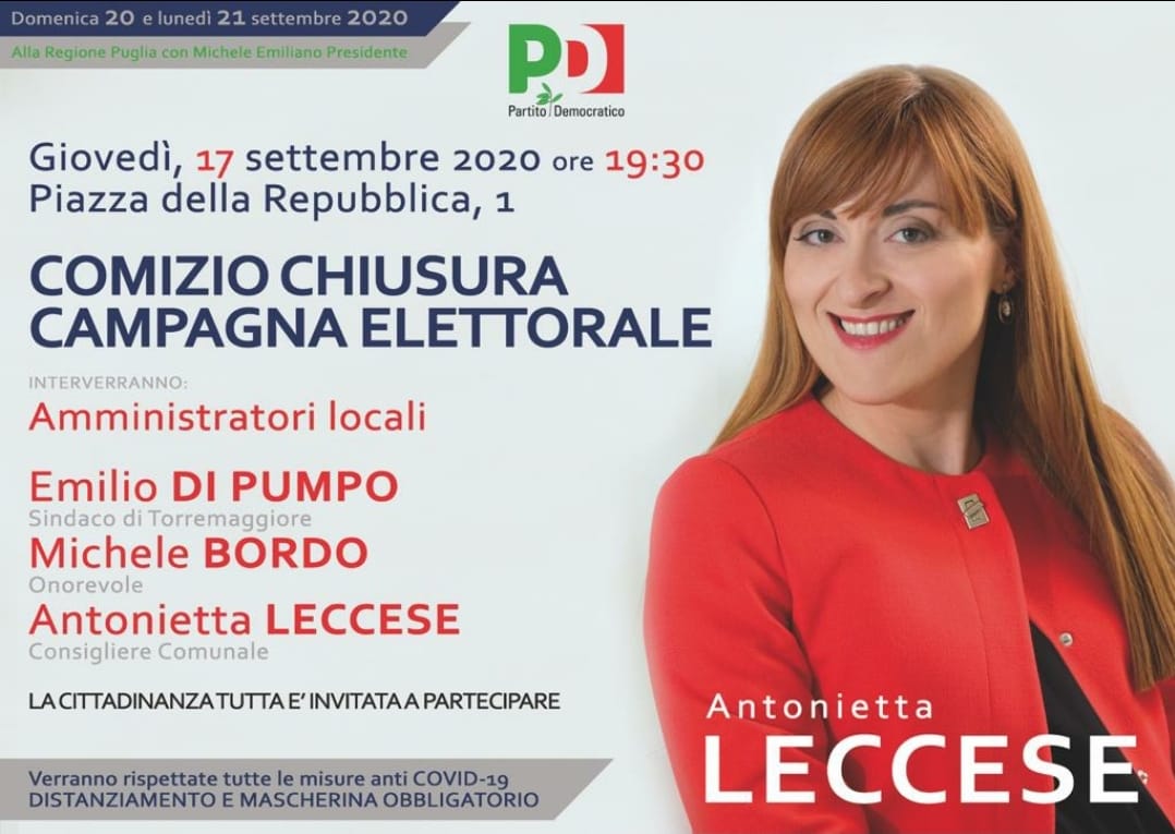 Il 17 settembre alle 19.30 comizio di chiusura dem della campagna elettorale per Antonietta Leccese con Emilio Di Pumpo e con l’on Michele Bordo