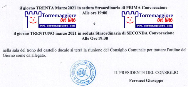 Torremaggiore: convocato il consiglio comunale il 30 marzo 2021 alle ore 19 con nove punti all’ordine del giorno in diretta streaming su Torre On Air