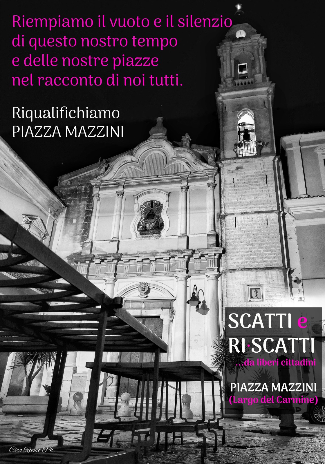 Riqualifichiamo Piazza Mazzini è  l’appello  sottoscritto da molti e da cui ha preso vita un inizio di condivisione tra associazioni e privati cittadini : nel silenzio di questo nostro tempo le immagini saranno il racconto di noi tutti