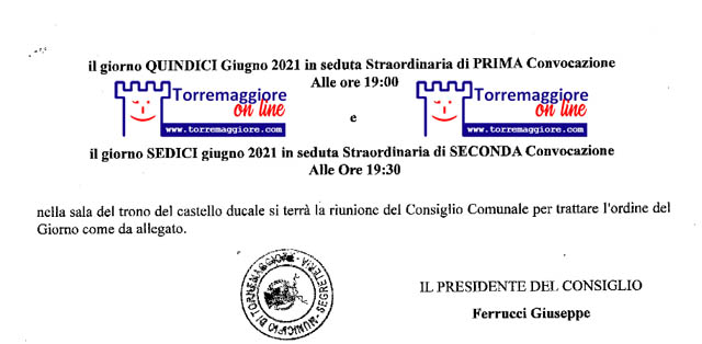 Torremaggiore: convocato il consiglio comunale il 15 giugno 2021 alle ore 19 con quindici punti all’ordine del giorno in diretta streaming su Torre On Air