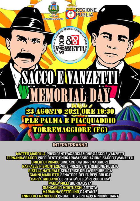Programma Sacco e Vanzetti Memorial Day 23 agosto 2021 a Torremaggiore