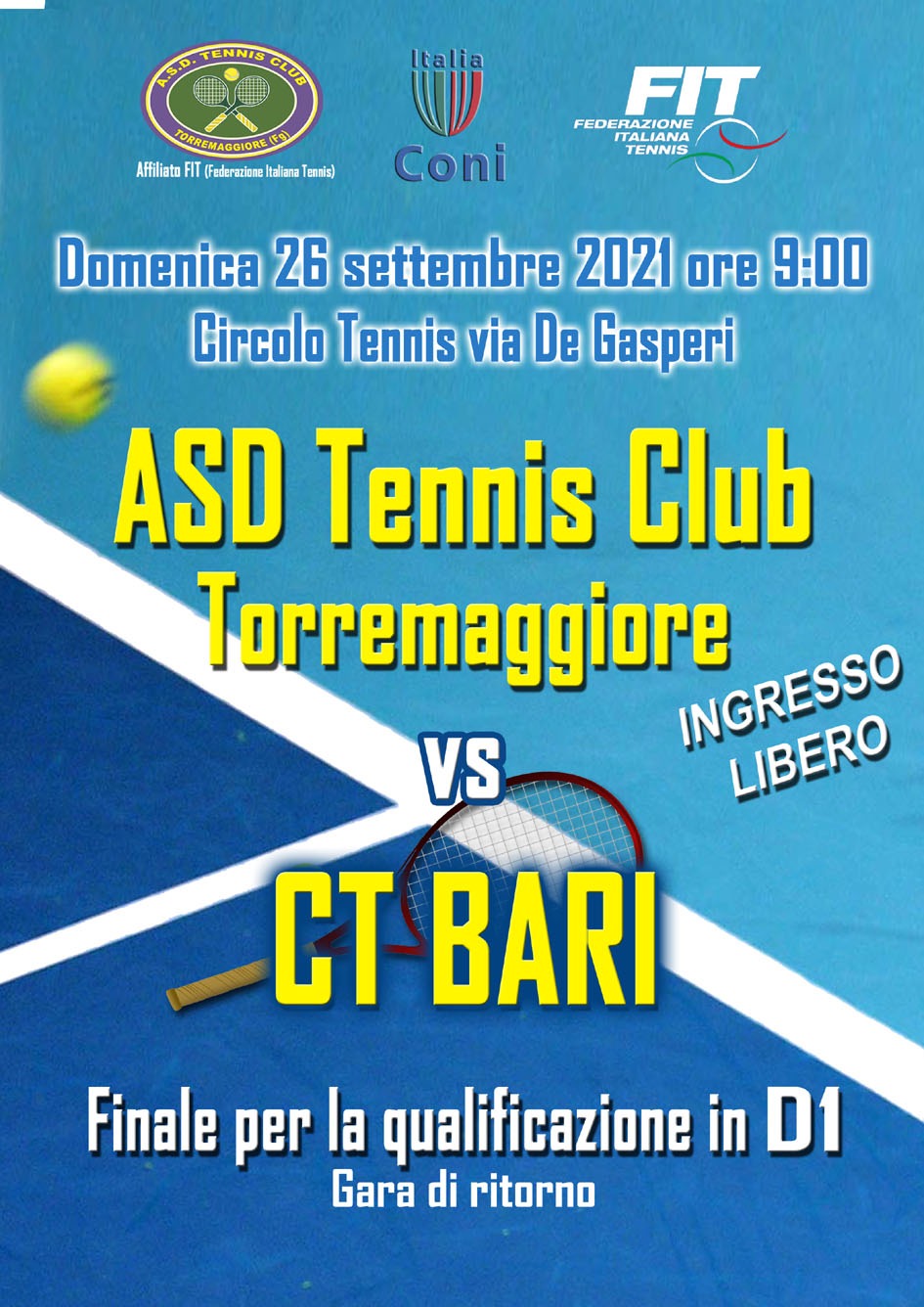 L’ASD Tennis Club Torremaggiore sfida la CT BARI per la qualificazione in serie D1 al Circolo Tennis di Via De Gasperi il 26 settembre 2021 alle ore 9