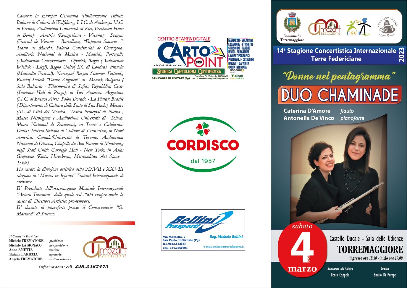 Al via il 4 marzo 2023 alle 18.30 con il Duo Chaminade al Castello Ducale De Sangro di Torremaggiore con la 14^ Stagione concertistica Terre Federiciane organizzata dall’Associazione Culturale Musicale Mozart