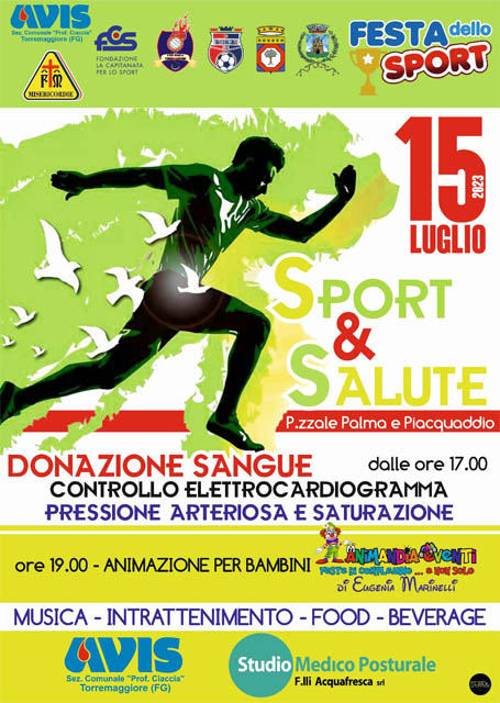 Sport & Salute con donazione di sangue AVIS a partire dalle ore 17 il 15 luglio 2023 a Torremaggiore