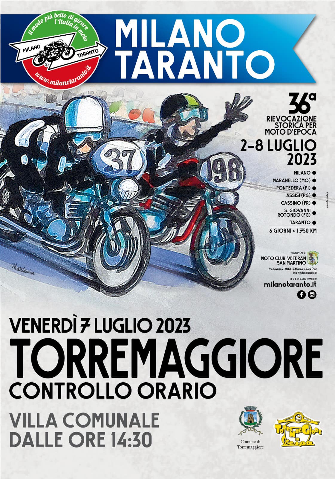 Il 7 luglio 2023 Torremaggiore ospiterà la Milano Taranto alle 14.30 alla Villa Comunale Federico II con oltre duecento moto d’epoca