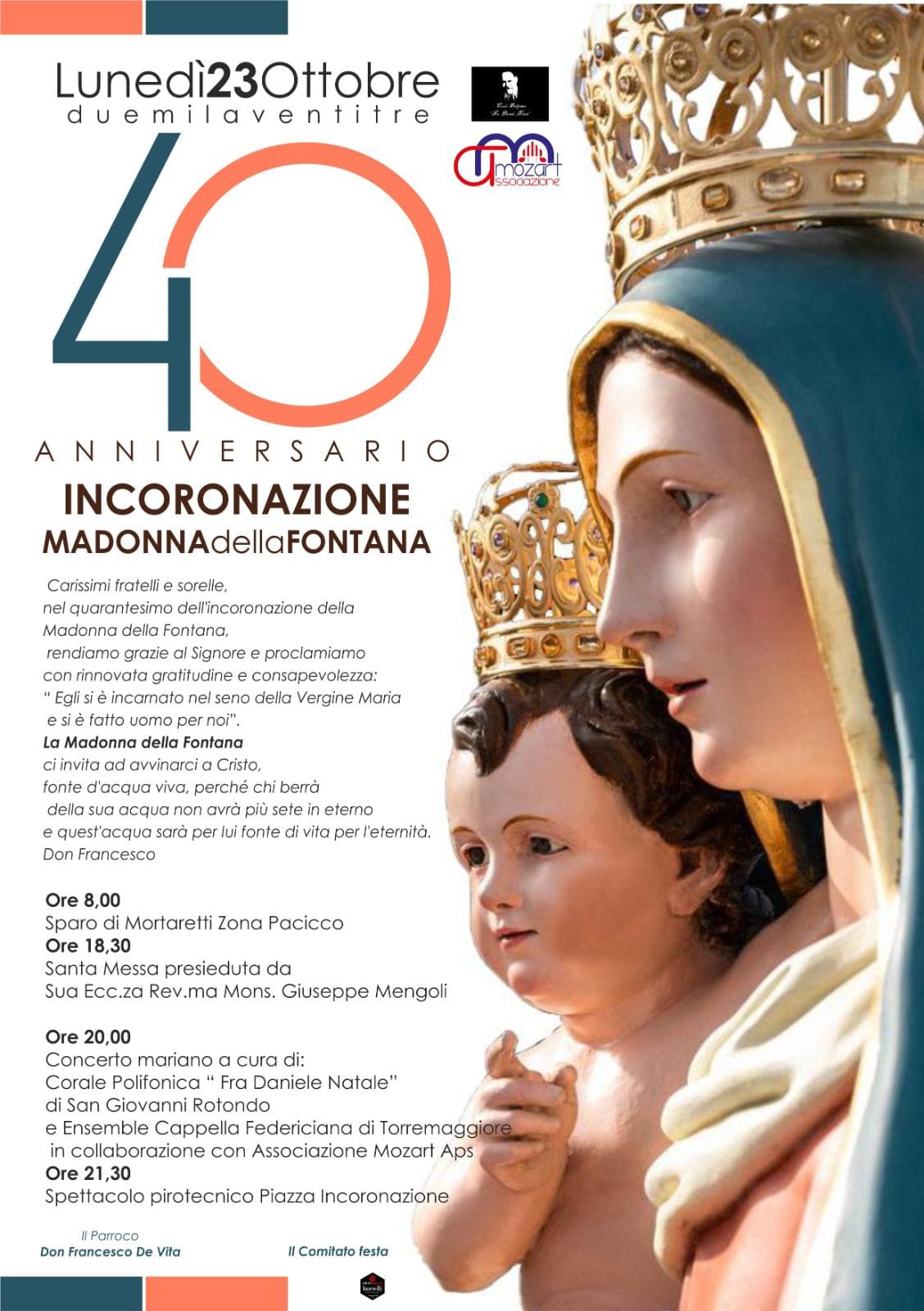 23 ottobre 2023: programma festeggiamenti del 40°anniversario dell’Incoronazione a Regina della Madonna della Fontana a Torremaggiore