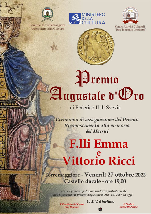 Il Premio Augustale d’Oro di Federico II sarà assegnato alla memoria dei Maestri F.lli Emma e Vittorio Ricci il 27 ottobre 2023 al Castello Ducale De Sangro di Torremaggiore