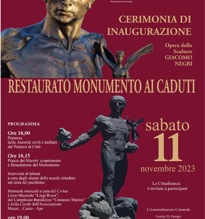 Torremaggiore: cerimonia di inaugurazione del Vittorioso sabato 11 novembre 2023 a partire dalle ore 18