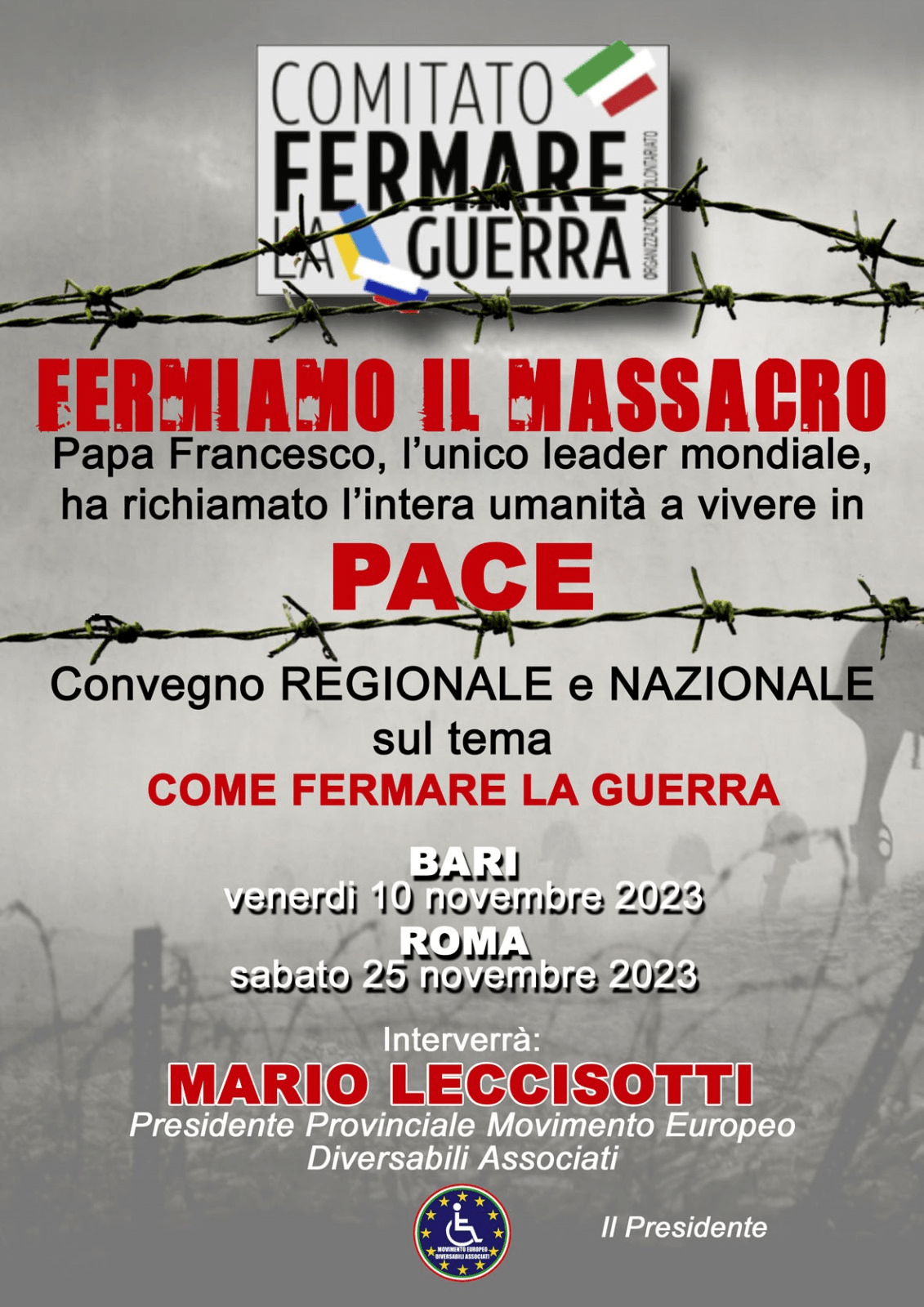 Ai convegni a Bari e Roma del Comitato Fermare la Guerra OdV interverrà il torremaggiorese Mario Leccisotti