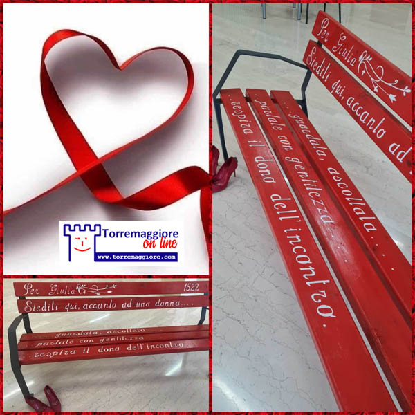 Torremaggiore: inaugurata panchina rossa contro la violenza sulle donne dedicata a Giulia Cecchettin localizzata nel giardino del plesso scolastico Filippo Celozzi