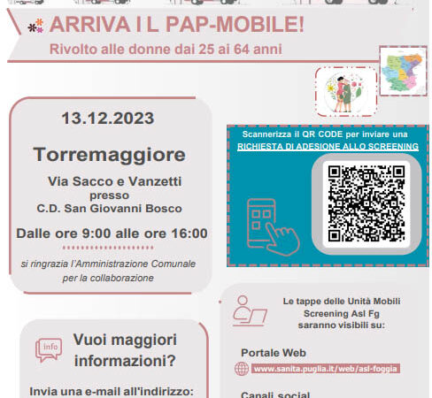 Torremaggiore 13 dicembre 2023: screening del cervicocarcinoma dell’ASL Fg dalle ore 9 alle 16 presso il plesso scolastico San Giovanni Bosco