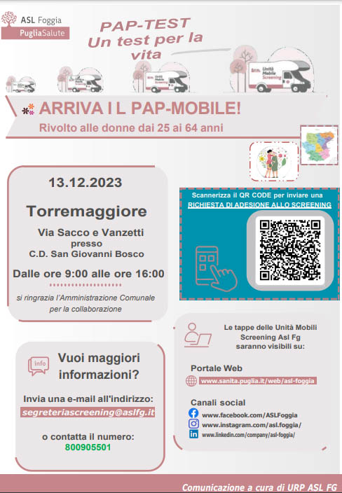 Torremaggiore 13 dicembre 2023: screening del cervicocarcinoma dell’ASL Fg dalle ore 9 alle 16 presso il plesso scolastico San Giovanni Bosco