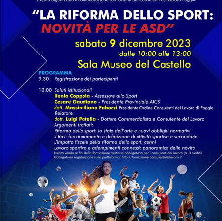 La Riforma dello Sport: novità per le ASD, se ne parla al Castello Ducale De Sangro di Torremaggiore il 9 dicembre 2023
