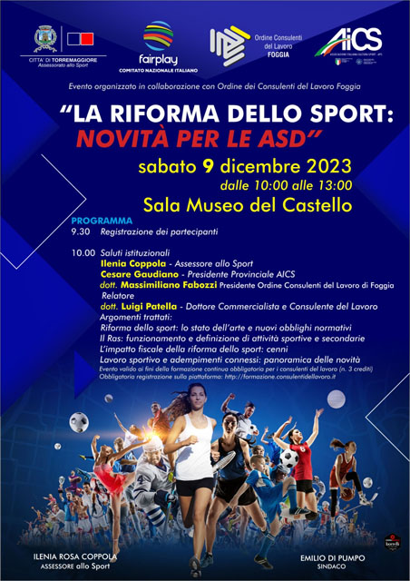 La Riforma dello Sport: novità per le ASD, se ne parla al Castello Ducale De Sangro di Torremaggiore il 9 dicembre 2023