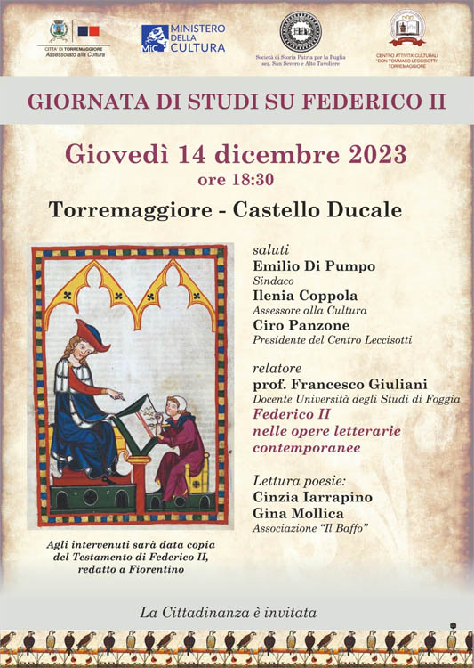 Giornata di Studi su Federico II il 14 dicembre 2023 a Torremaggiore al Castello Ducale De Sangro a partire dalle ore 18.30