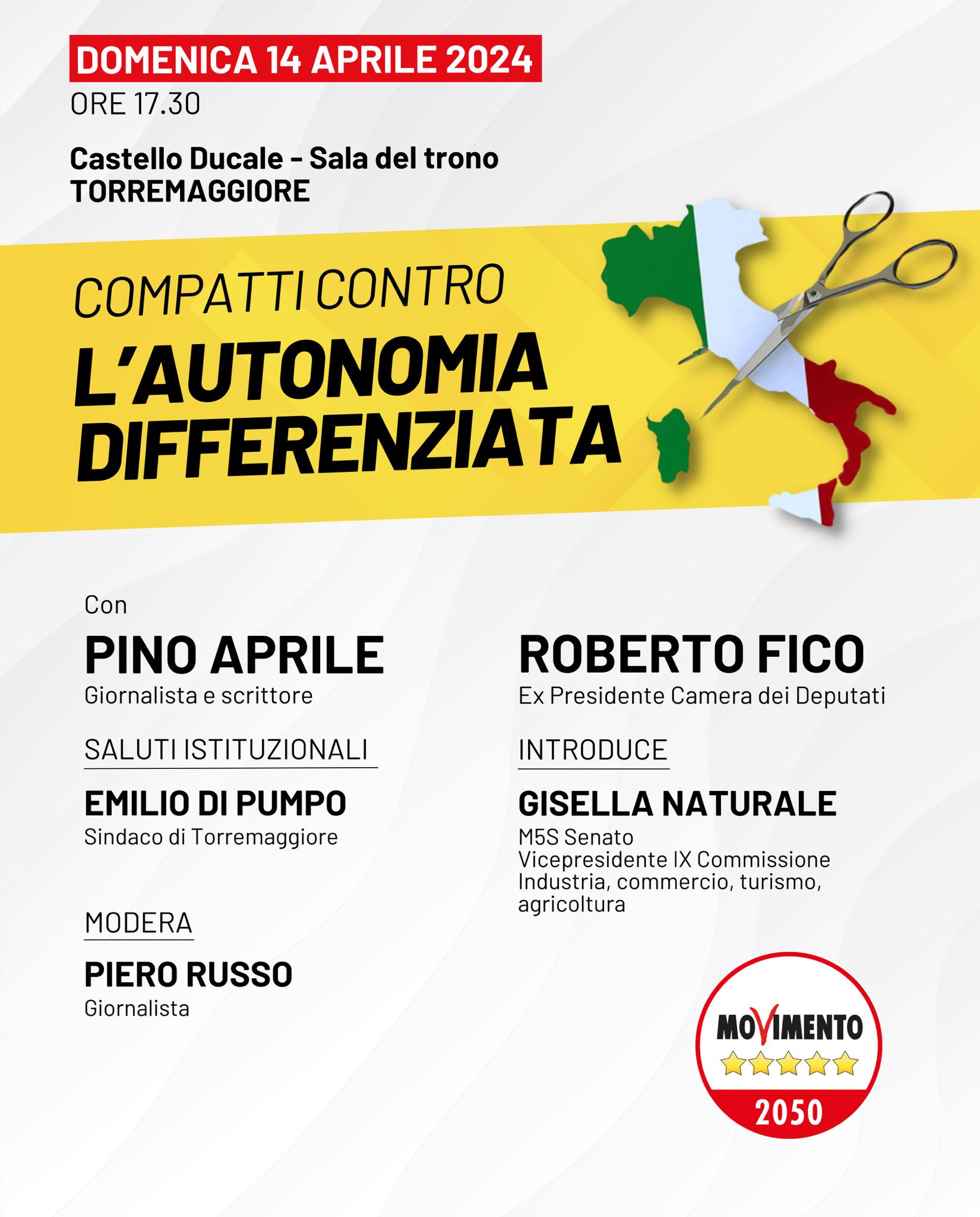 Compatti contro l’autonomia differenziata: convegno al Castello Ducale di Torremaggiore il 14 aprile 2024 a partire dalle ore 17.30 con Pino Aprile e l’ex Presidente della Camera Roberto Fico