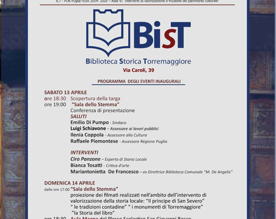 Inaugurazione Community Library BIST Biblioteca Storica Torremaggiore: eventi il 13 e 14 aprile 2024