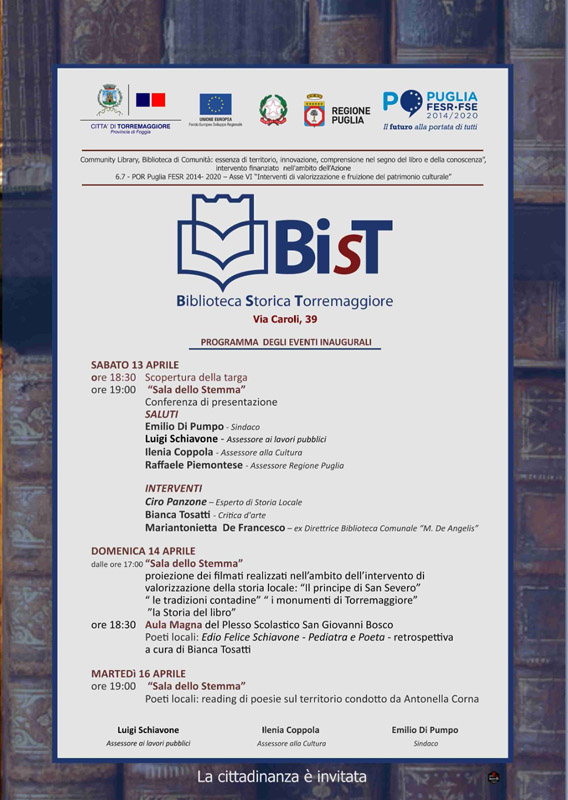 Inaugurazione Community Library BIST Biblioteca Storica Torremaggiore: eventi il 13 e 14 aprile 2024