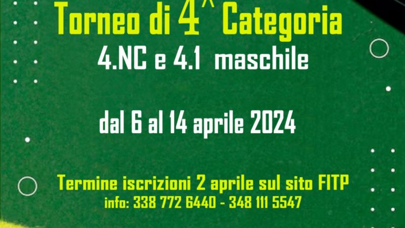 Tennis Club Torremaggiore: torneo di Quarta Categoria 4NC e 4.1 maschile fino al 14 aprile 2024