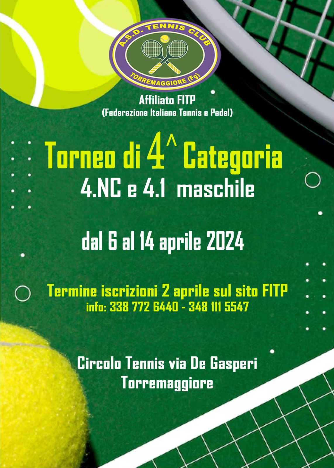 Tennis Club Torremaggiore: torneo di Quarta Categoria 4NC e 4.1 maschile fino al 14 aprile 2024